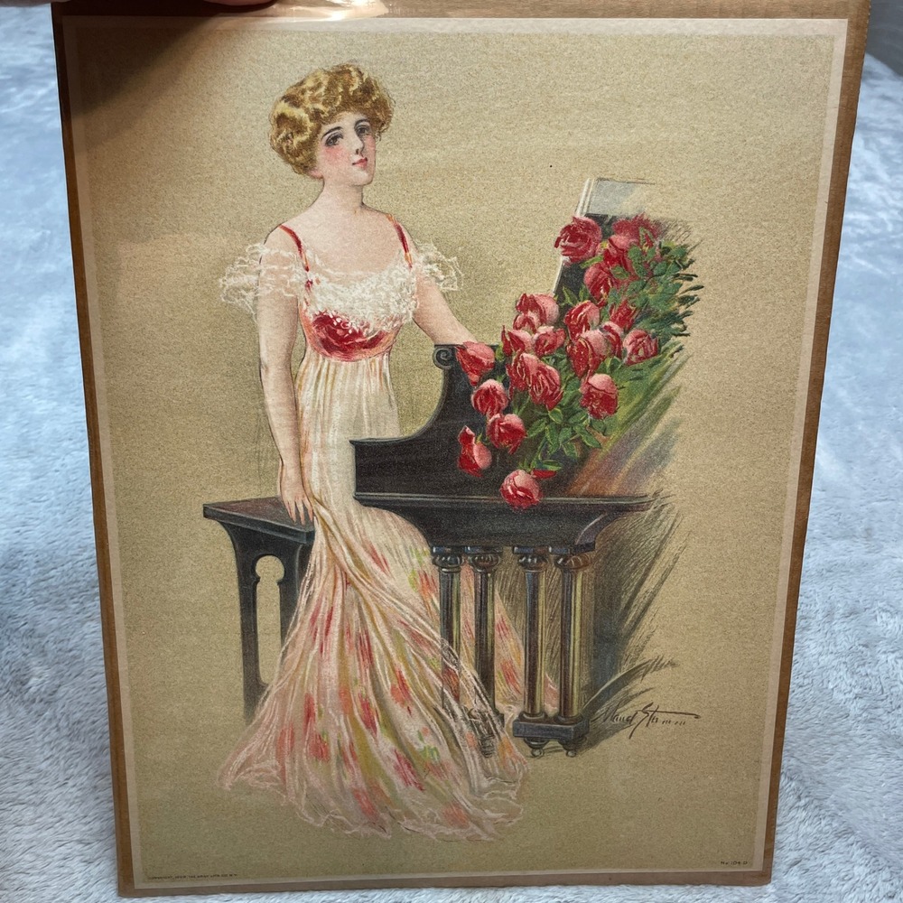Vtg The Gray Lithograph Co Victorian Art Print Size 10x13 Lady at Piano 1909